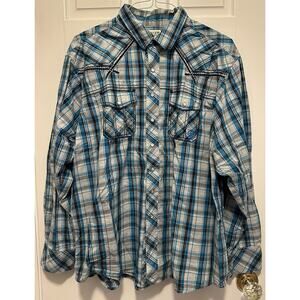 Ariat Retro Fit Western Snap Shirt Men’s XXL Blue Plaid Pearl Snaps Rodeo